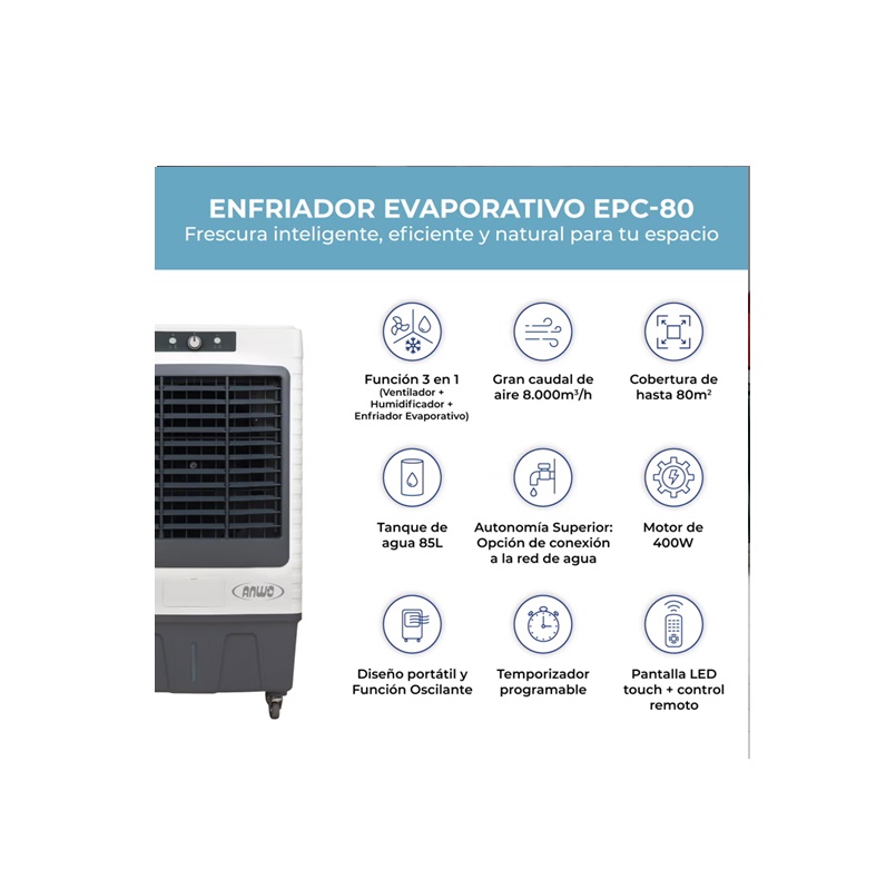 ANWO ENFRIADOR EVAPORATIVO PORTATIL COMERCIAL 8.000MCH