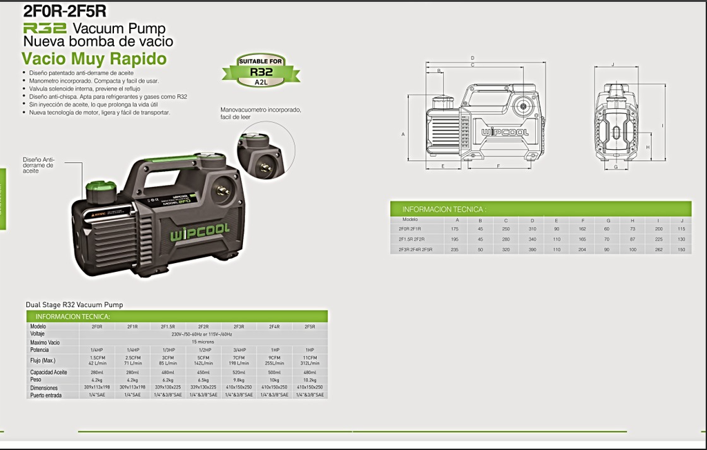 Bomba de Vacío 11 CFM  2 Etapas. Incl. Manómetro WIPCOOL